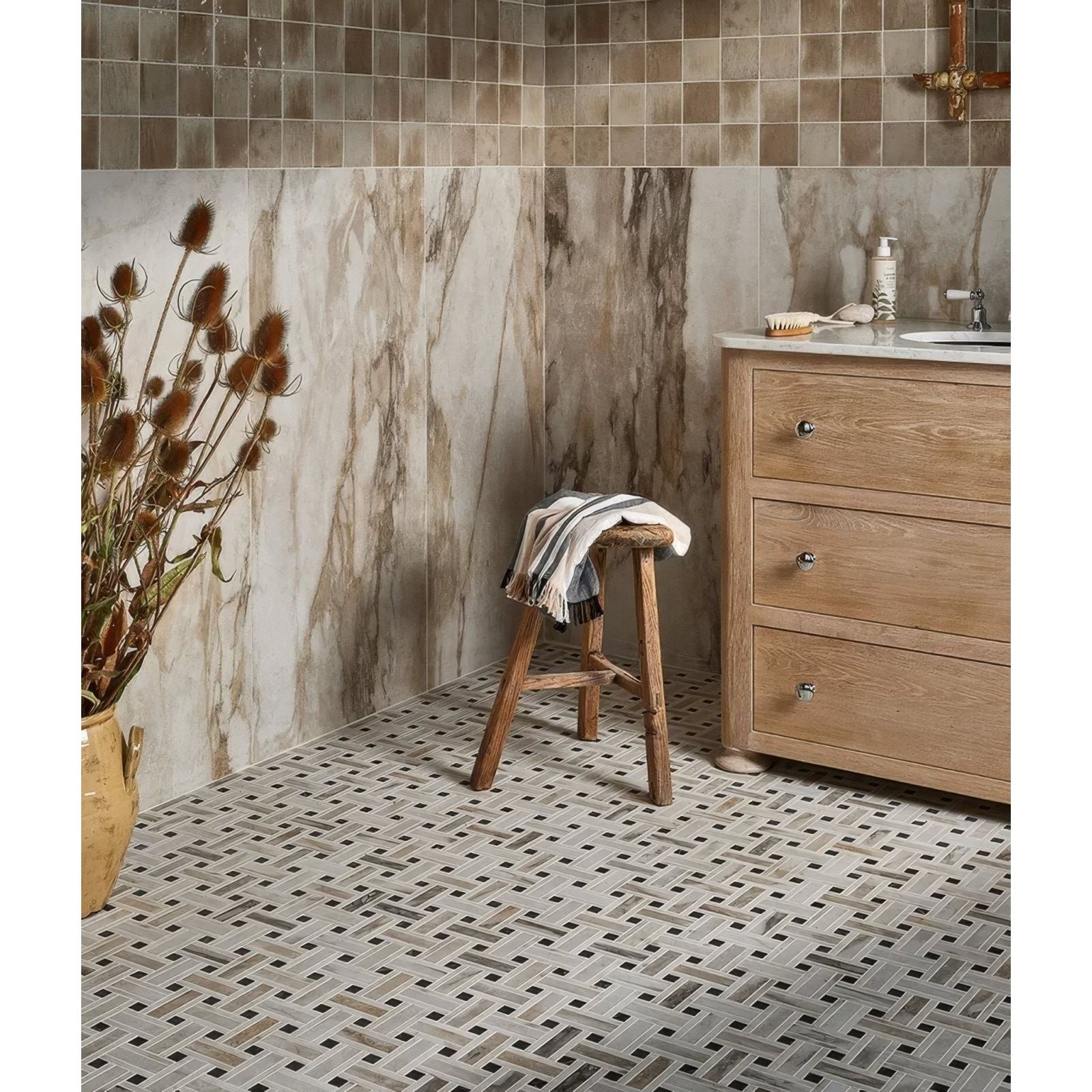 Gray and white herringbone mosaic floor tiles made of porcelain east village oro 60 x 120cm