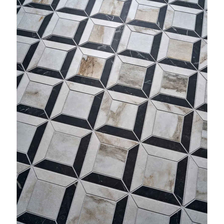 Black and white marble geometric three-dimensional porcelain mosaic tile from east village quadrant oro collection