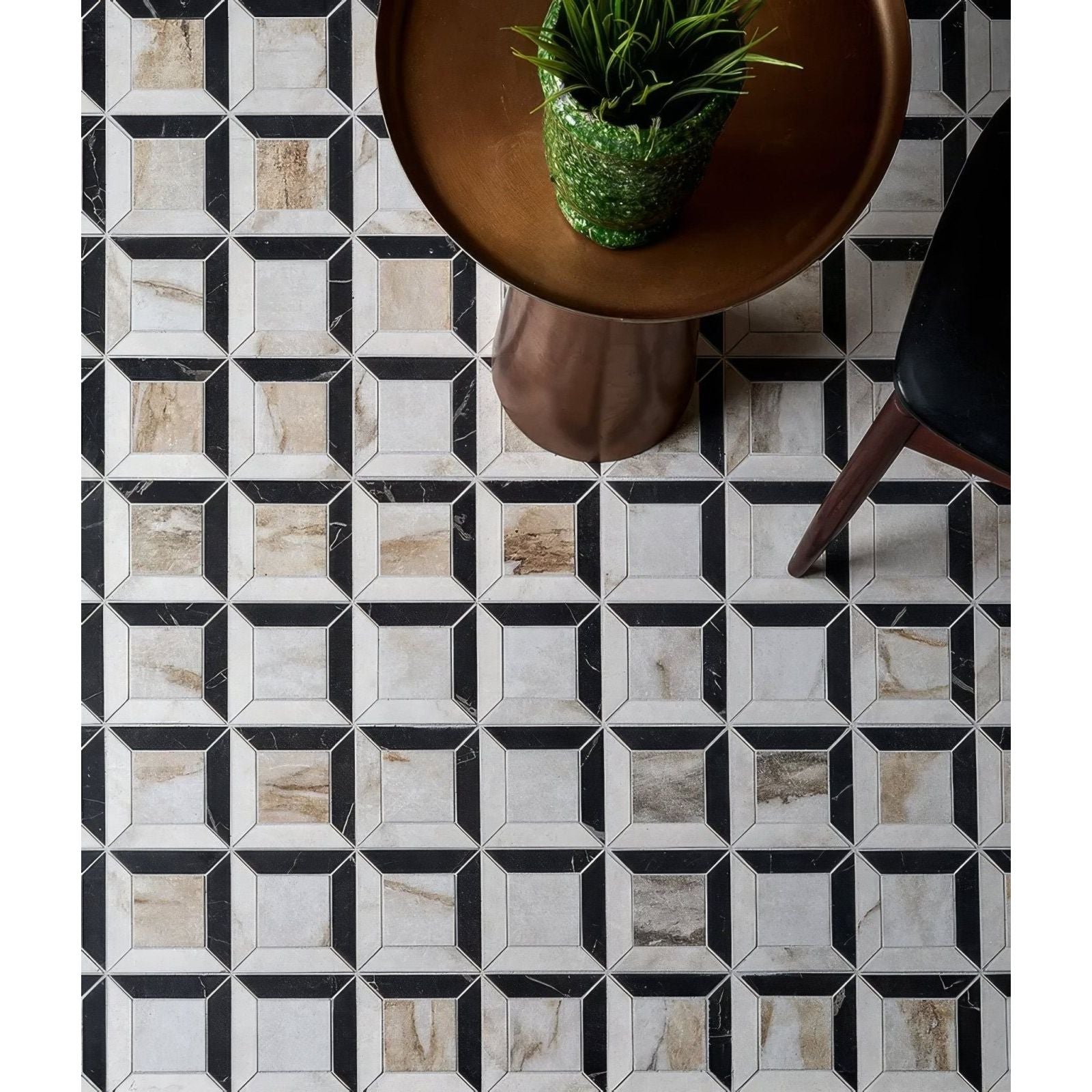 Black and white marble geometric pattern on east village porcelain quadrant mosaic oro floor tile