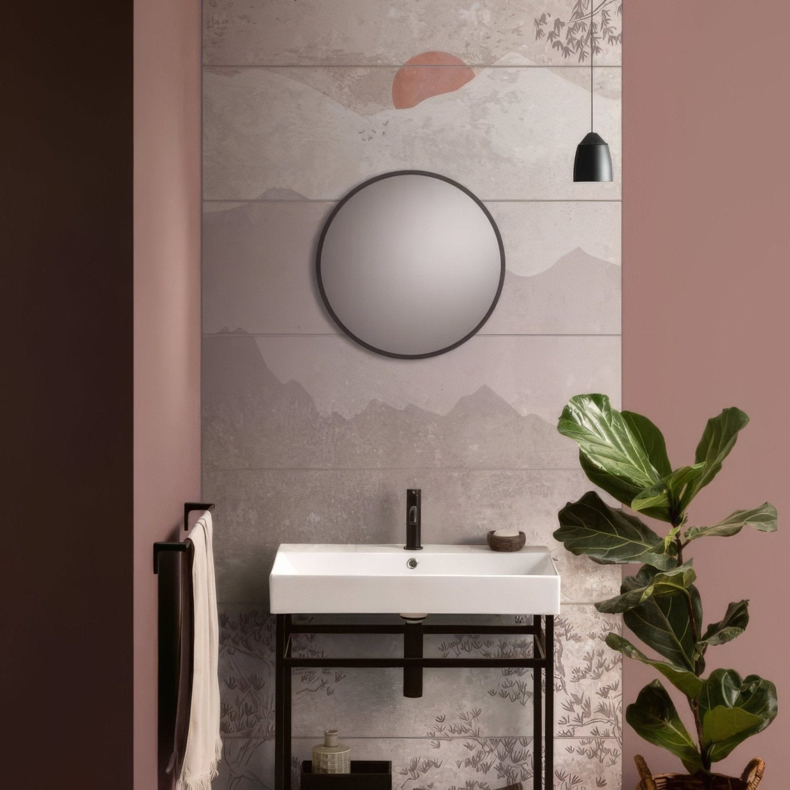 Round black-framed mirror featured in the eastern mist decorative 8-tile set panel a wall art design