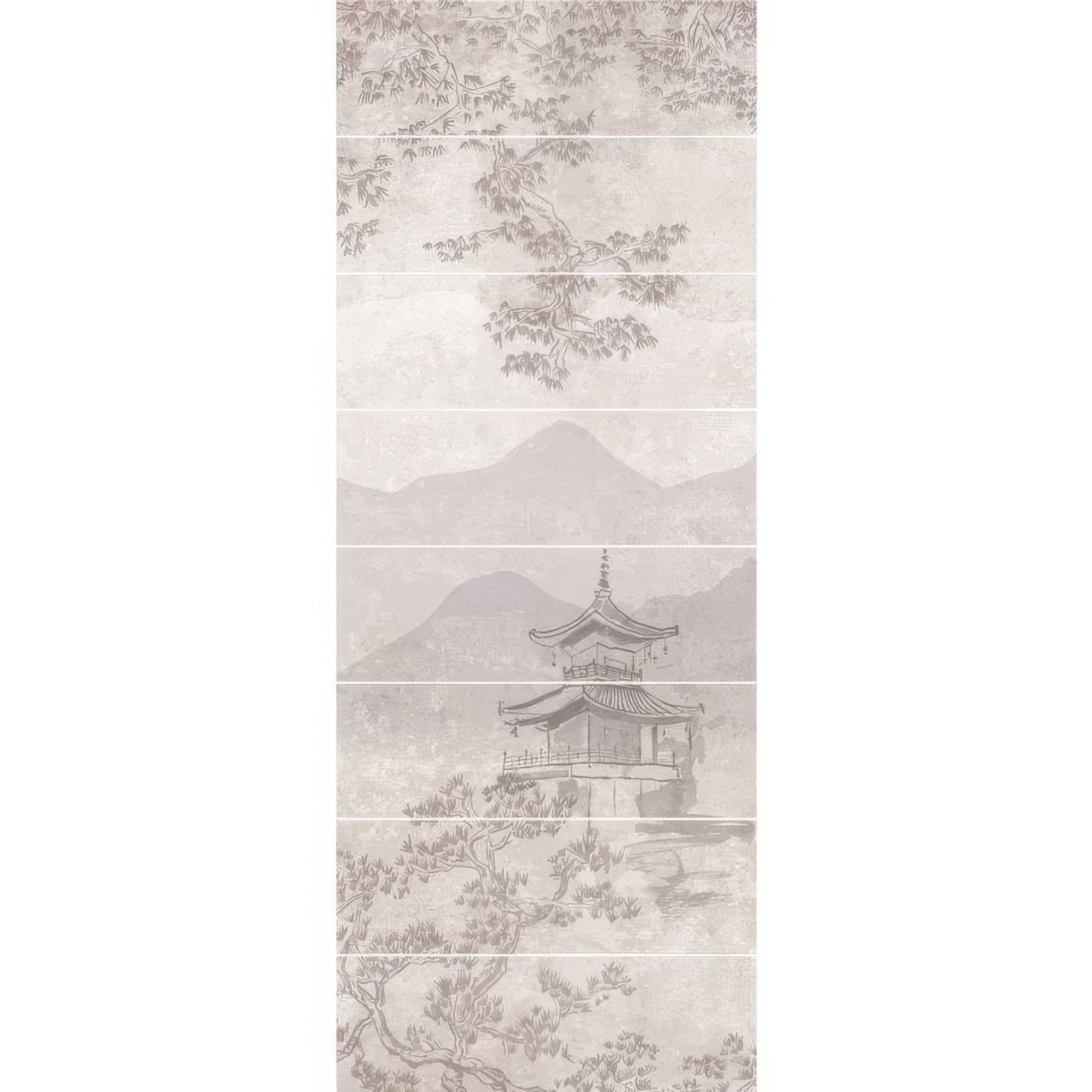 Eastern mist decorative 8-tile set panel b features a delicate monochromatic ink-wash painting of an east asian landscape
