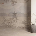 Beige ceramic wall tiles with delicate ink-wash painting of chinese pagodas mountains and blossoming branches eastern mist panel c