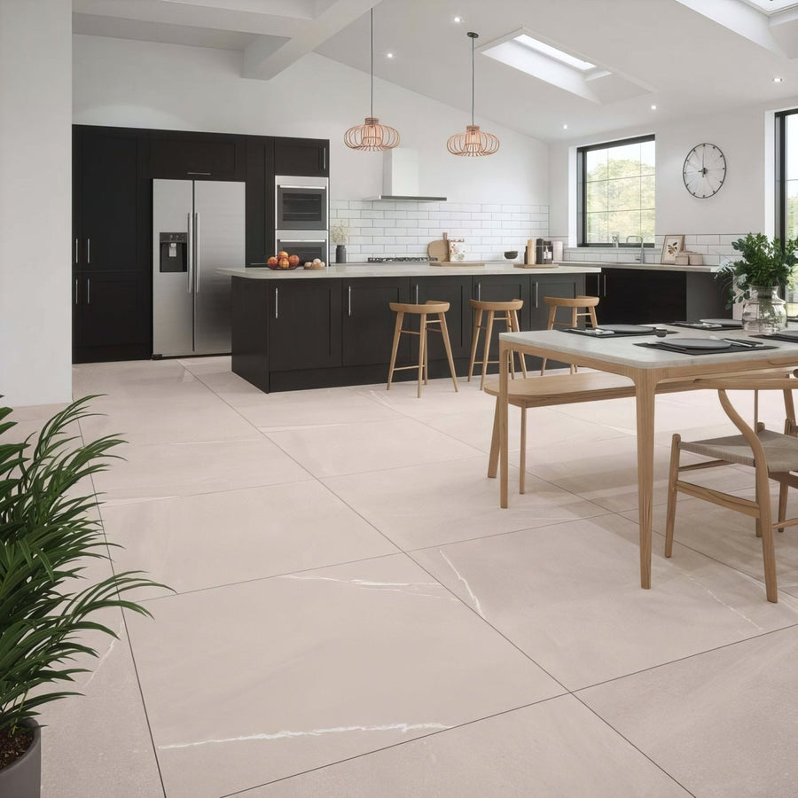Beige marble-effect eastford mink matt porcelain kitchen floor tiles with subtle veining in a matt finish