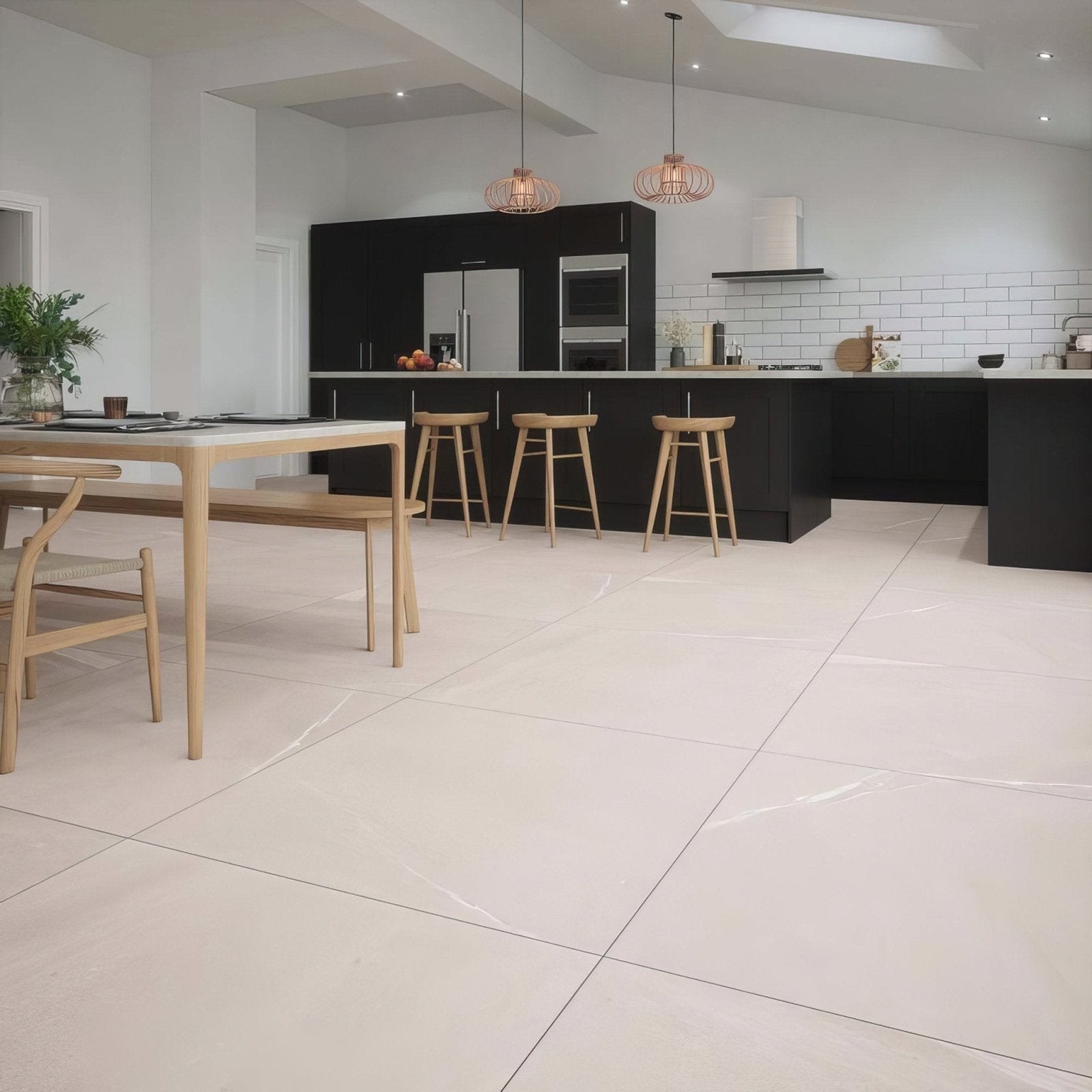 Eastford Mink Matt Porcelain cream marble-effect floor tiles with subtle veining and a matt finish