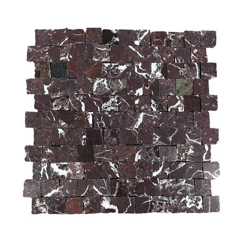 Rosso Levanto honed marble mosaic sheet of rustic edge squares in deep oxblood red with white veining