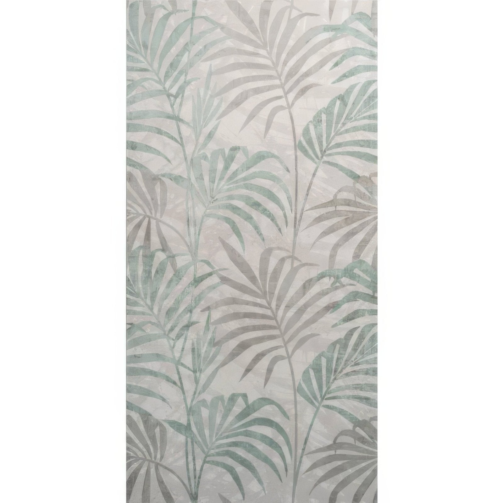 A rectangular eden hothouse wallpaper sheet with muted sage green and gray palm fronds on off-white textured background
