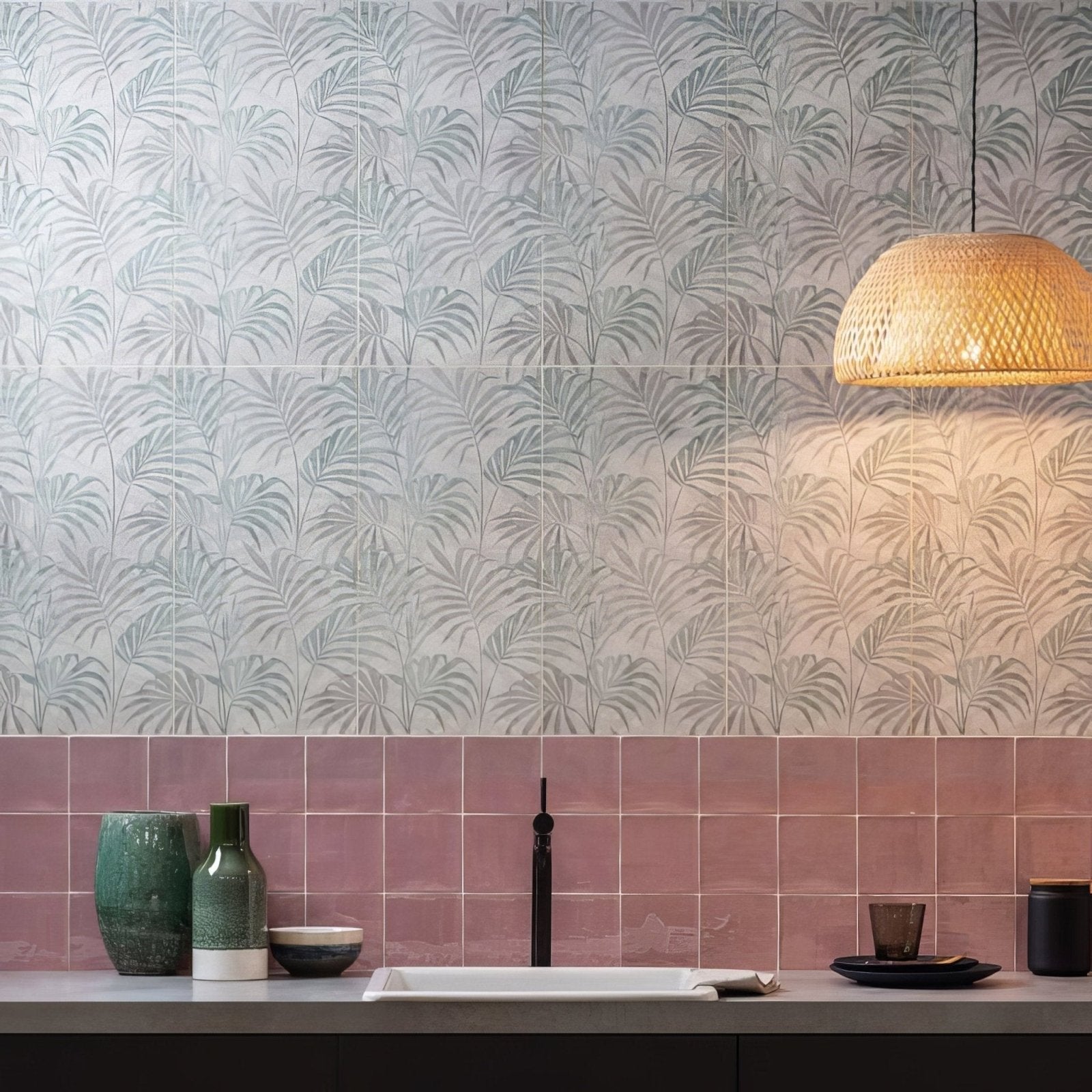 The eden hothouse 60x30cm wall tile features a two-tone muted green and soft pink tropical leaf pattern design