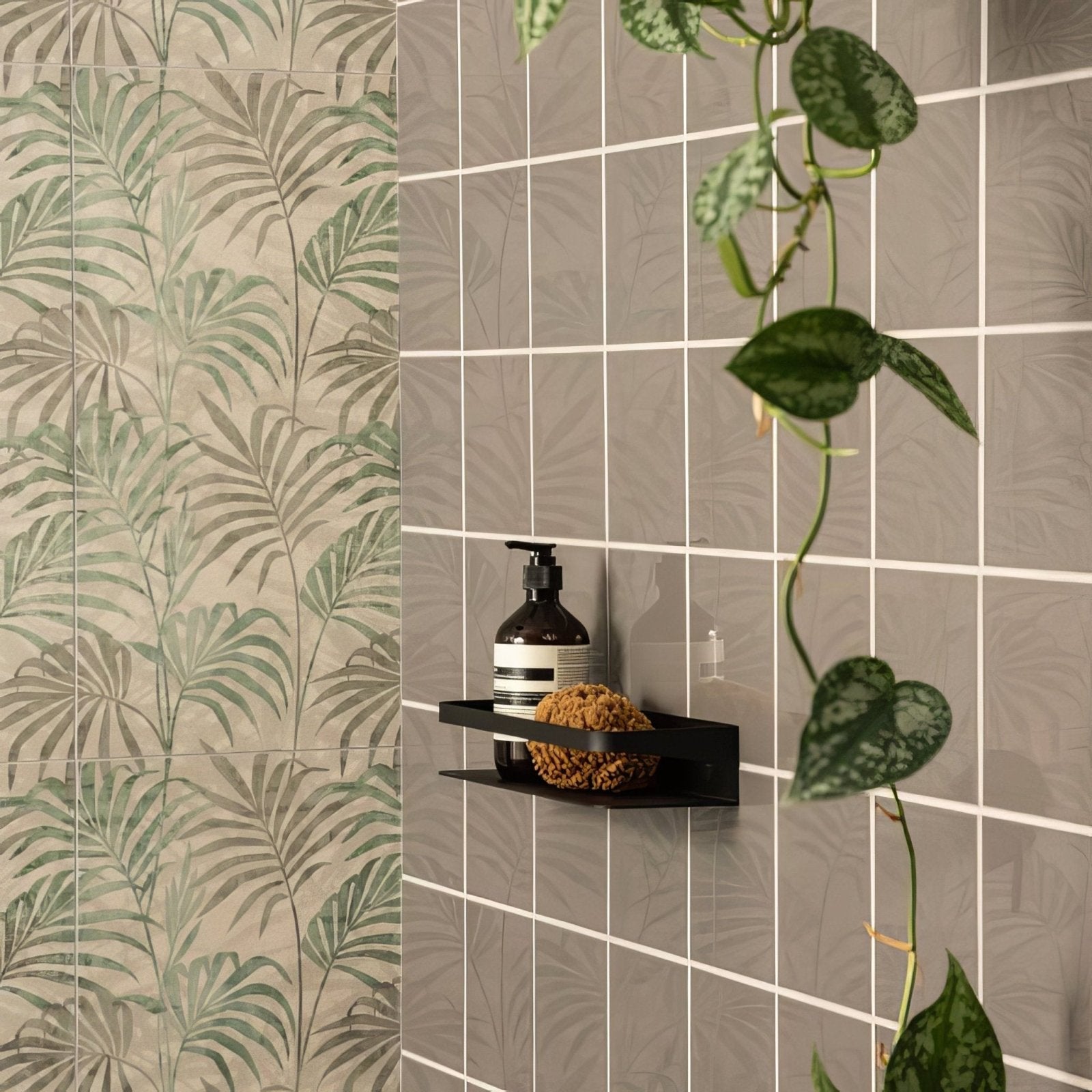 Black metal wall-mounted shelf eden hothouse 60x30cm holding dark glass pump bottle and brown loofah