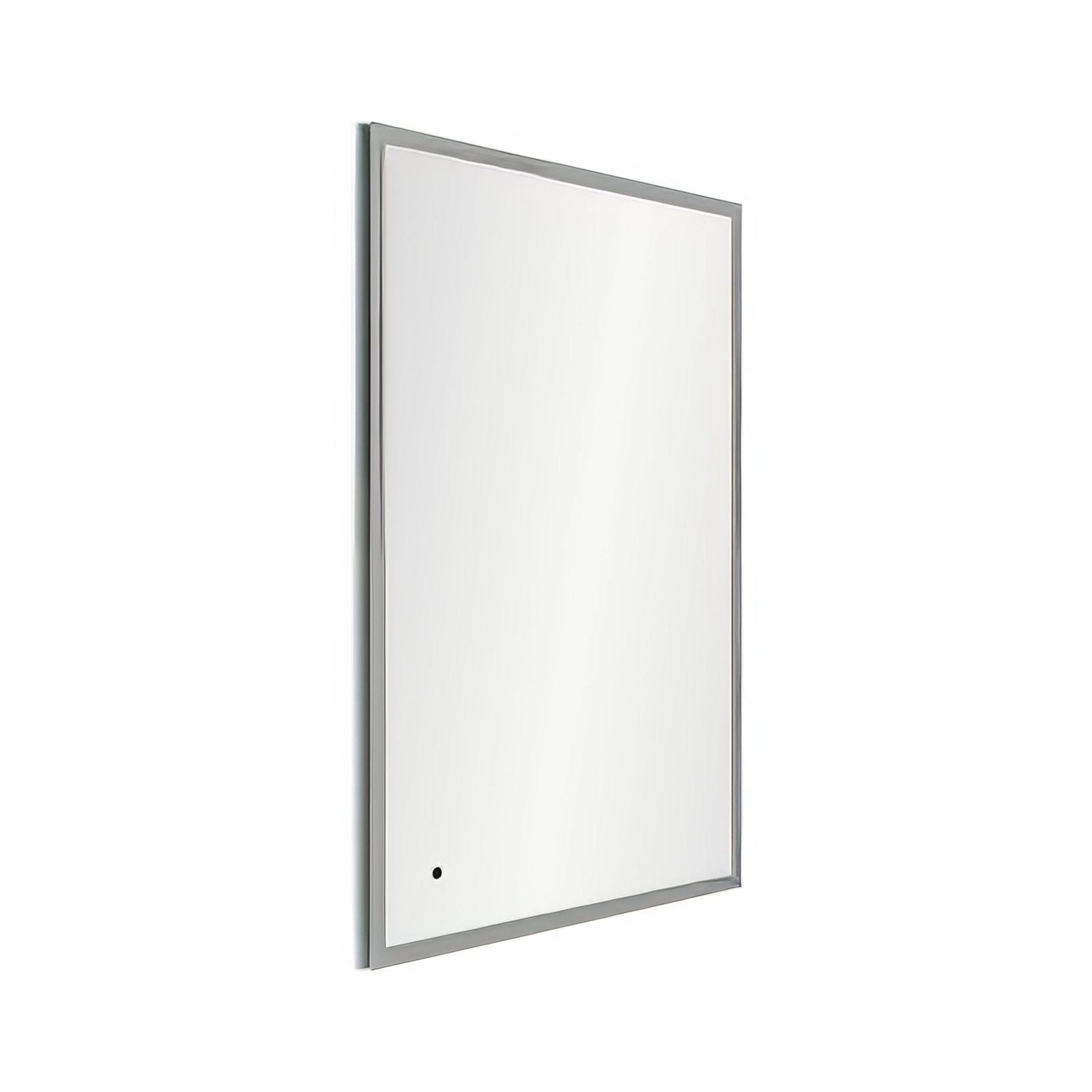 Edison rectangular mirror 120 with sleek silver metallic frame and small black circular detail on bottom left corner