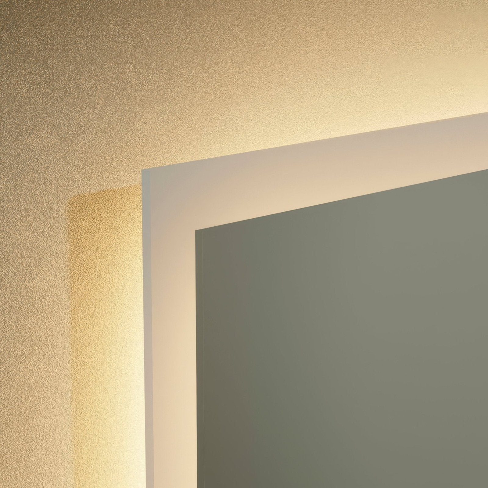 A sleek edison rectangular mirror 60 with a white frame and modern led light strip mounted on top edge