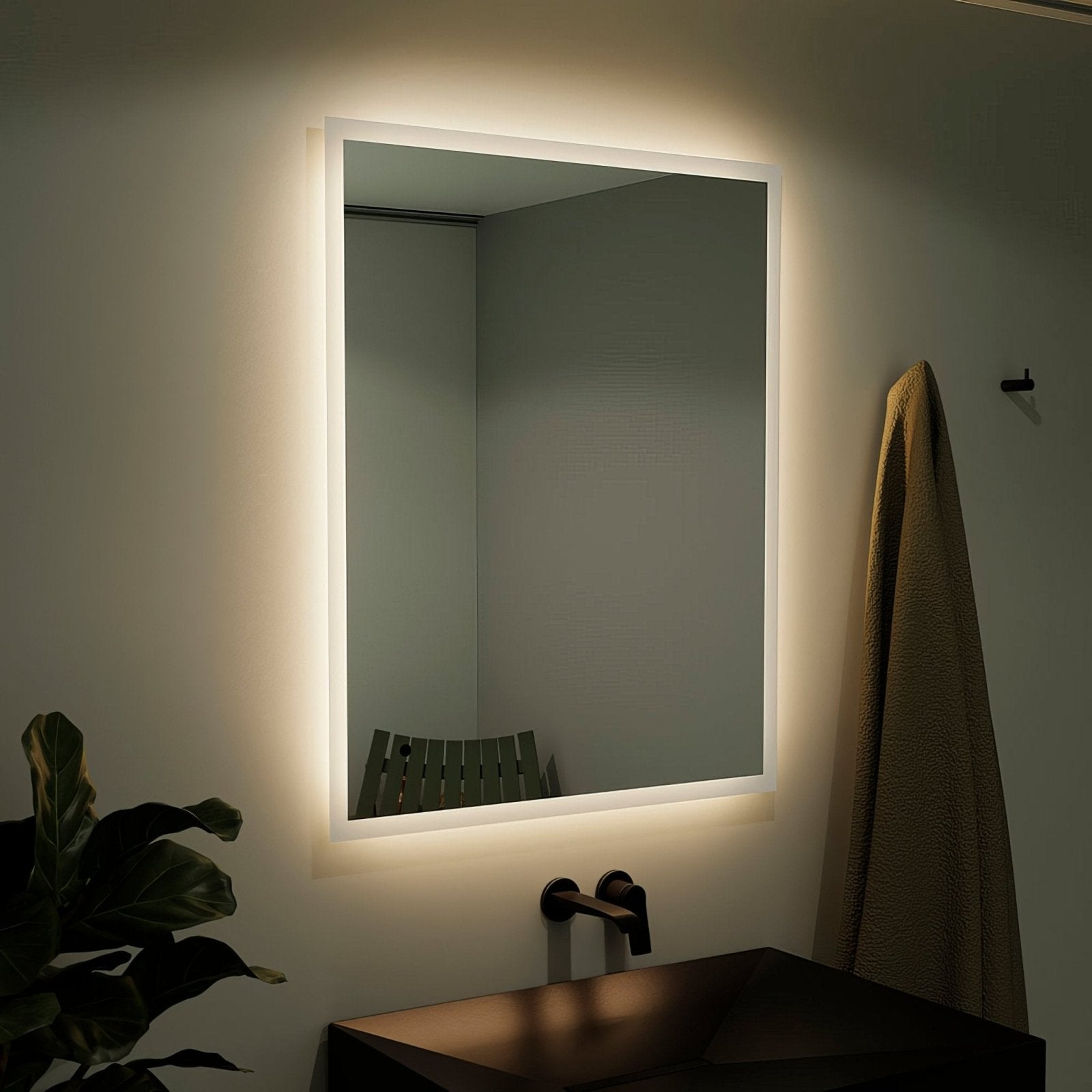 Edison rectangular mirror 60 with frameless design and integrated led lighting around the perimeter