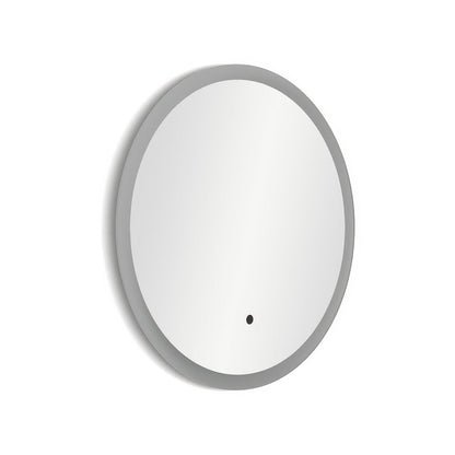 Modern oval edison round mirror 60cm with sleek silver frame and small black dot at bottom center