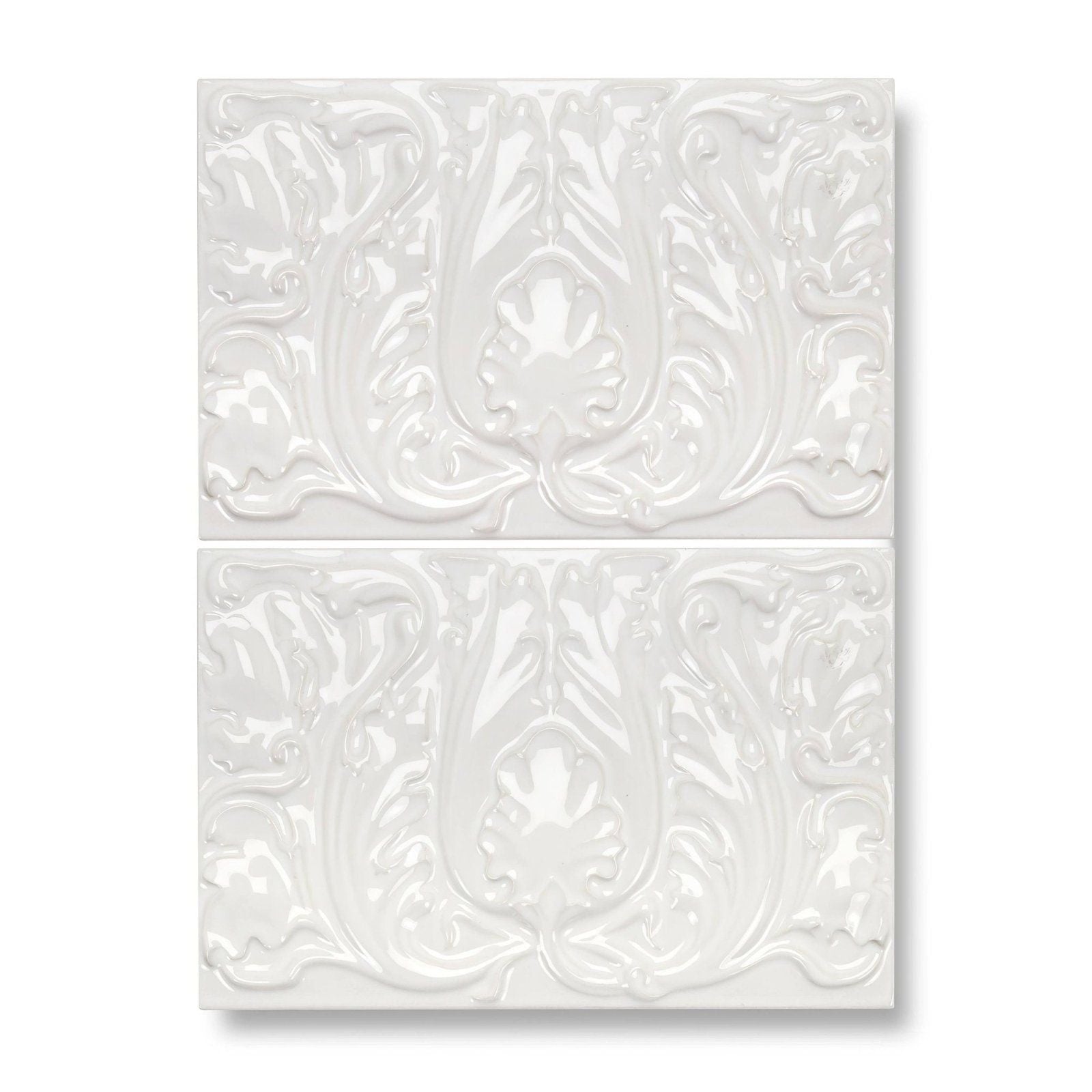 White ceramic edwardian acanthus highgate tiles with raised ornate floral patterns for decorative wall use