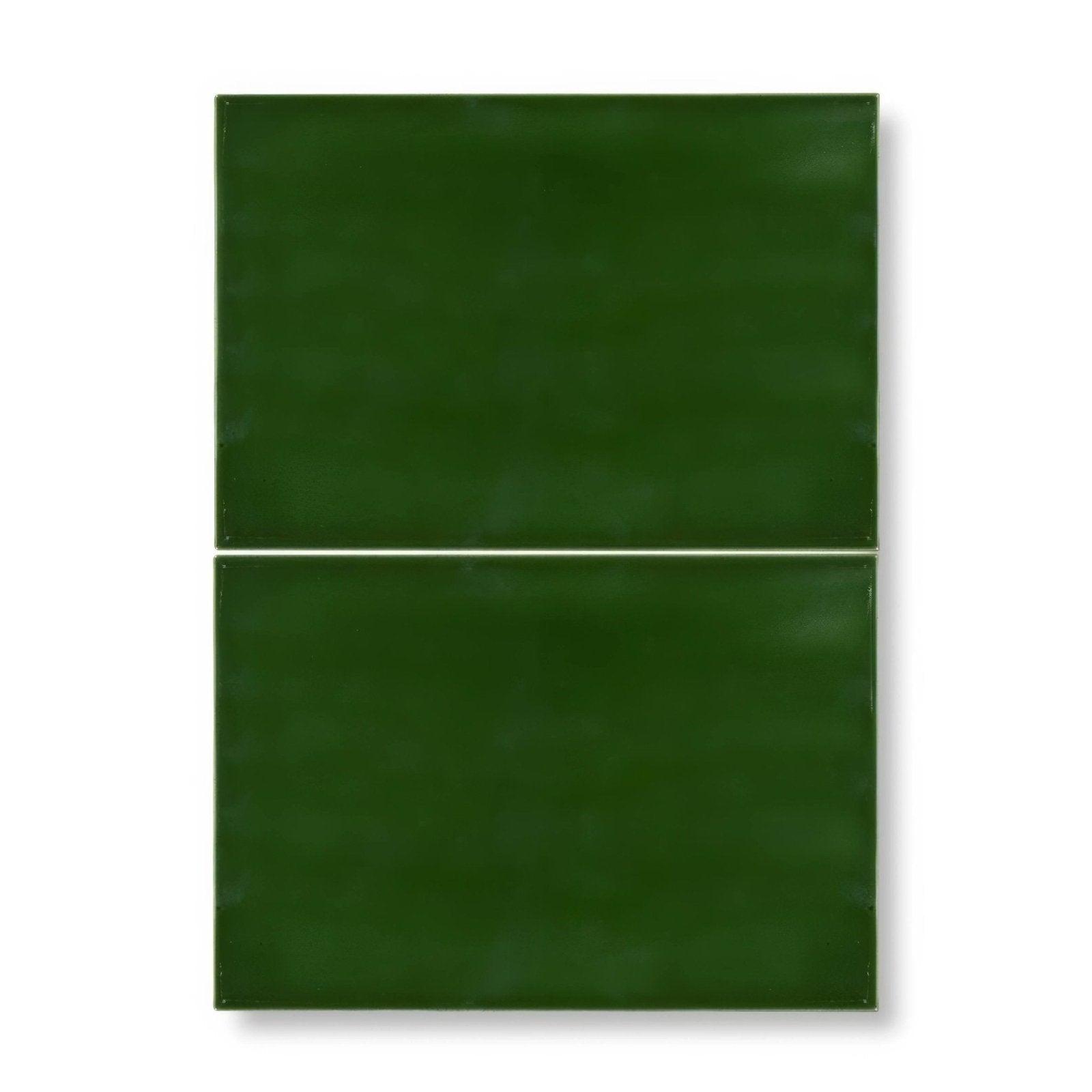 Two dark green edwardian caledonian base ceramic tiles with smooth glossy finish and subtle texture arranged vertically