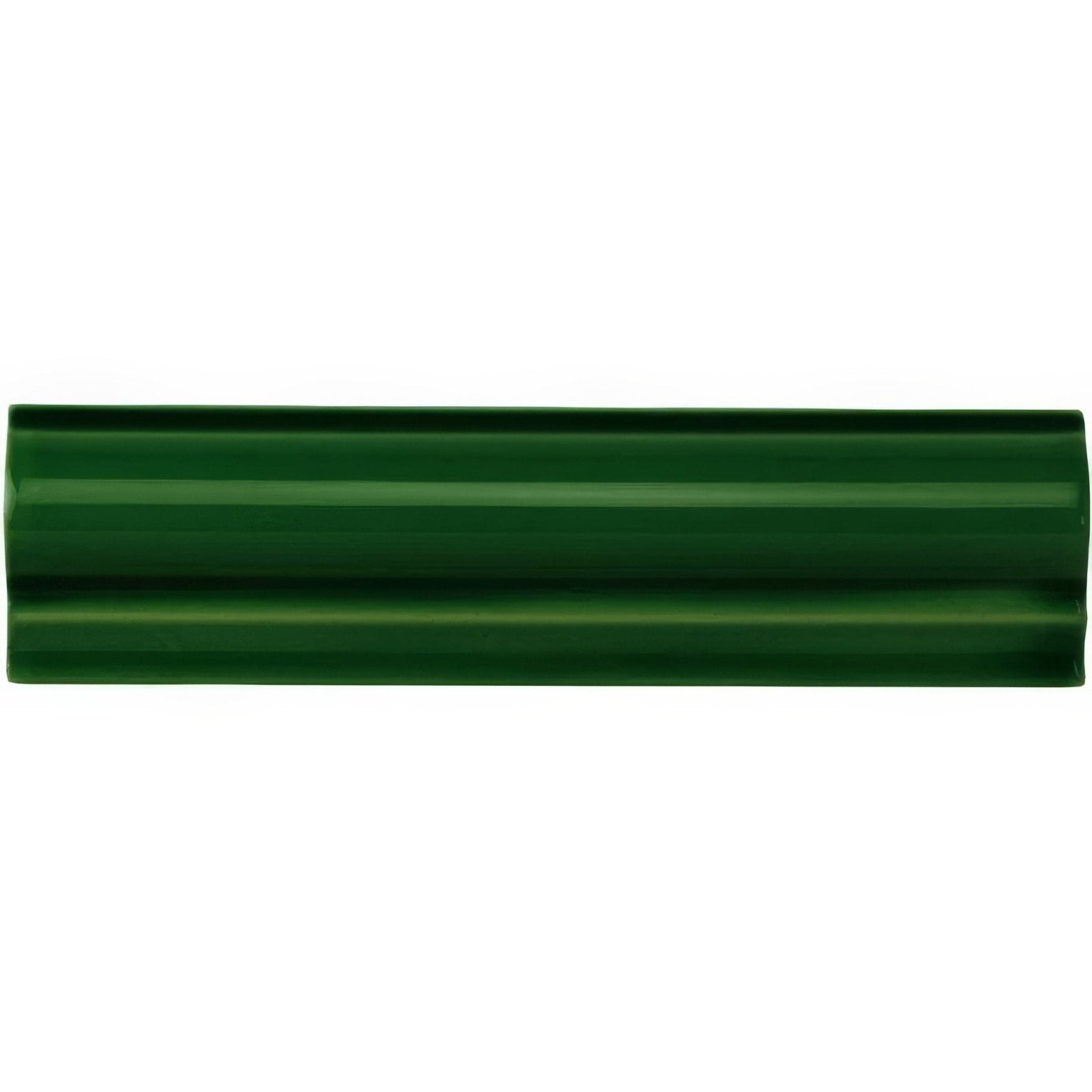 A sleek Edwardian green ceramic tile with a glossy finish and subtle horizontal ridges designed for moulding