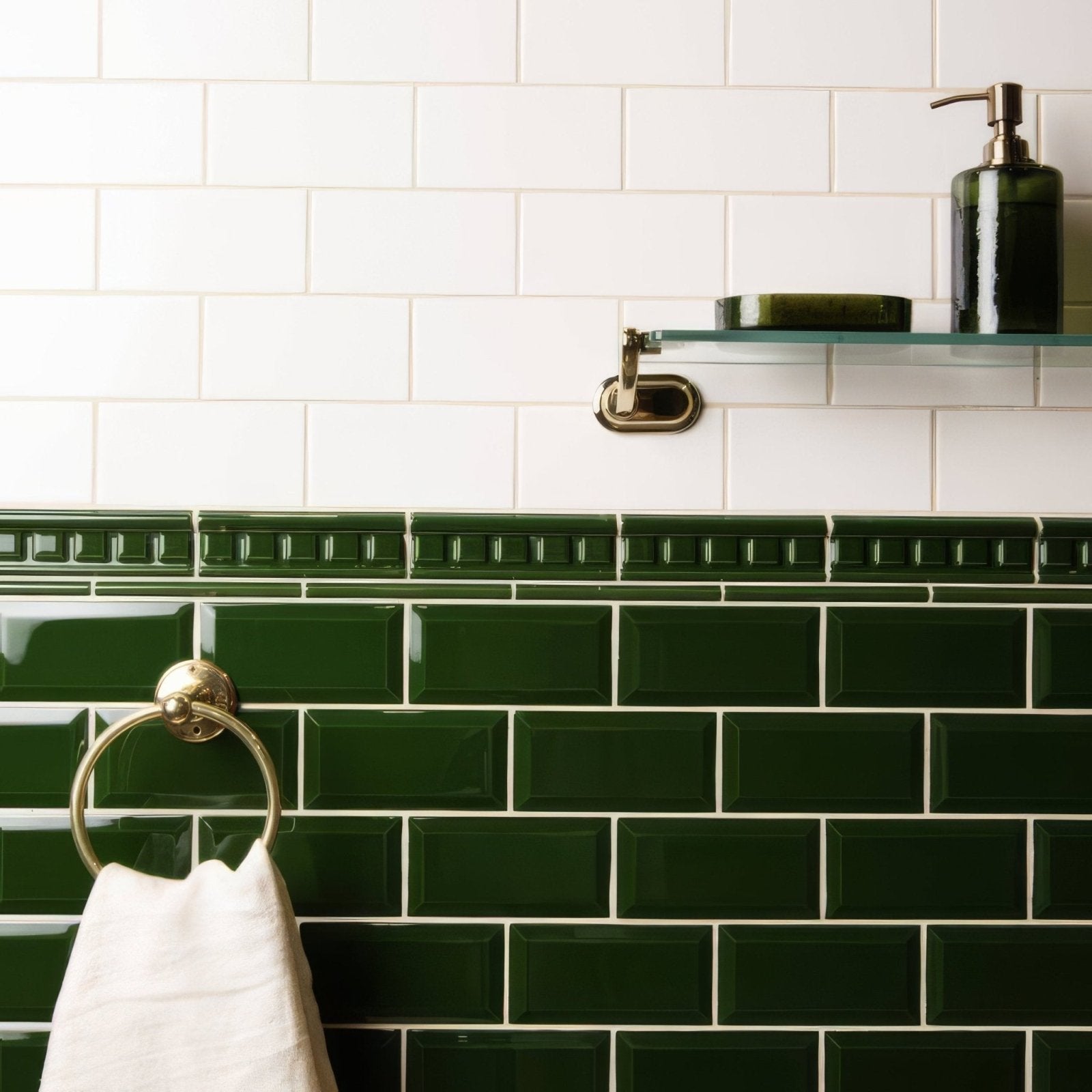 Deep green edwardian green metro bevelled subway tiles with a glossy finish forming a rectangular main wall surface