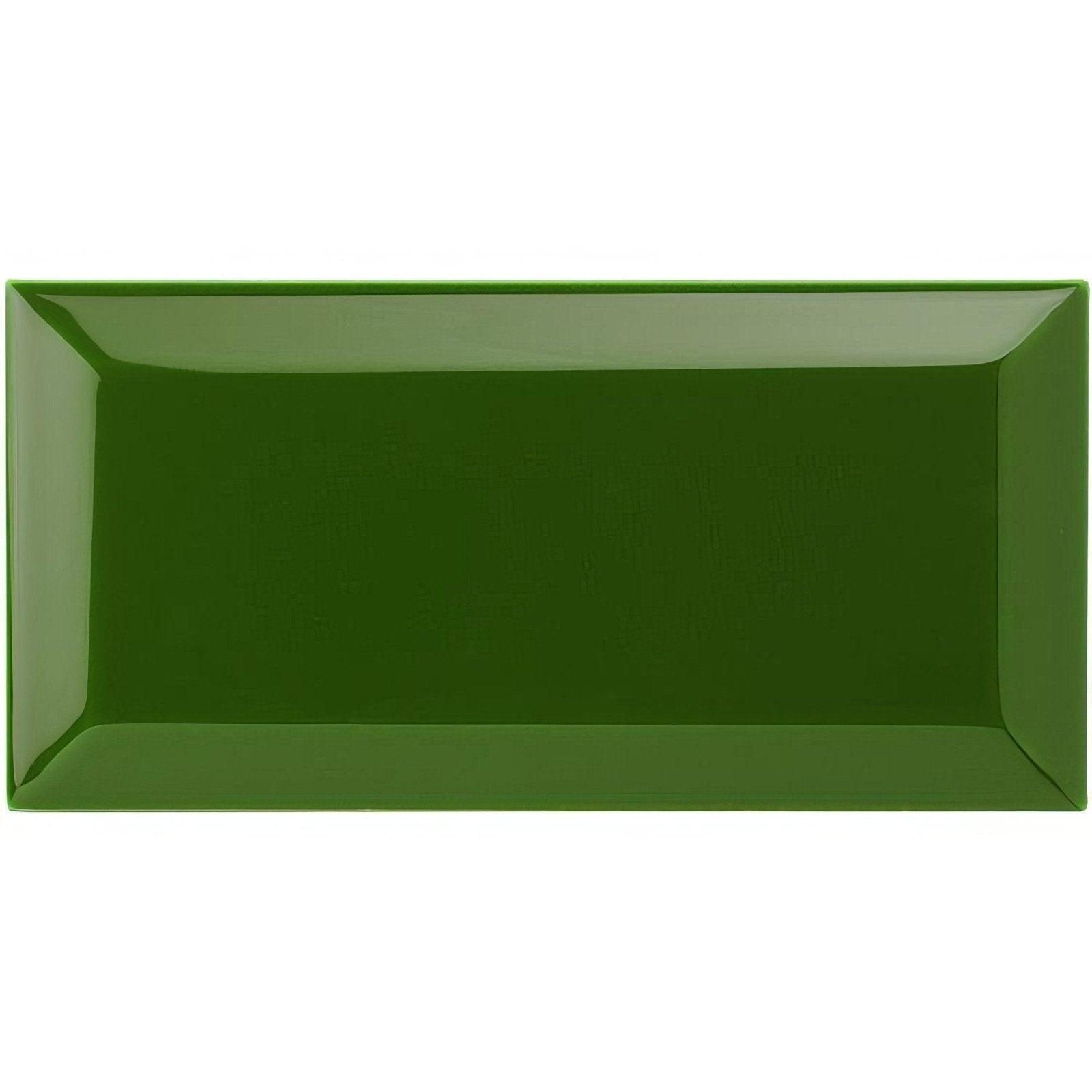 A sleek forest green rectangular ceramic serving platter with a glossy finish from Edwardian Green Metro Bevelled Tile