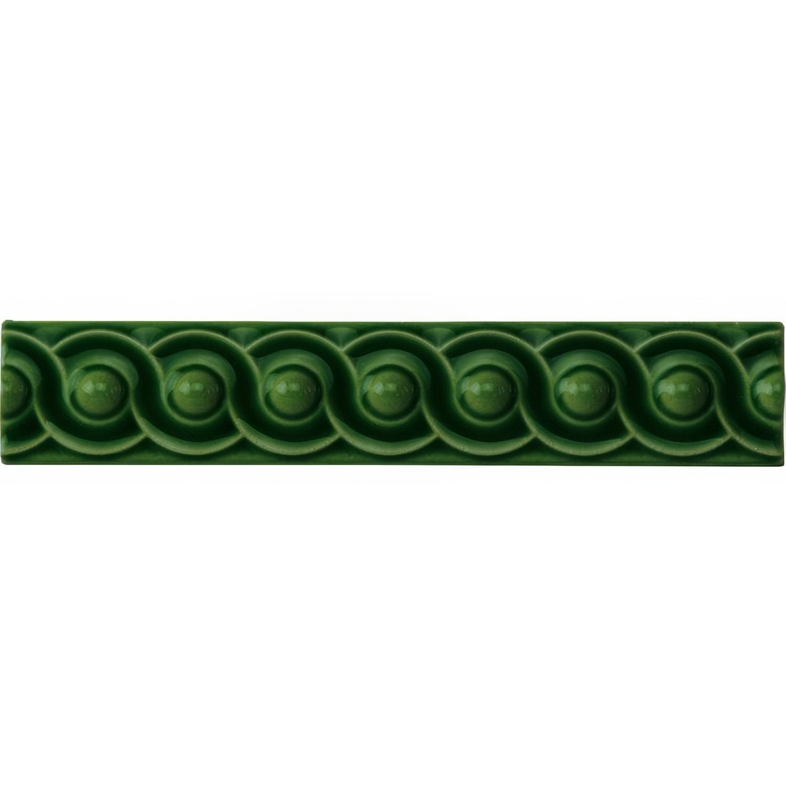 Edwardian green scroll moulding deep green ceramic tile with raised rounded orbs and flowing curves pattern
