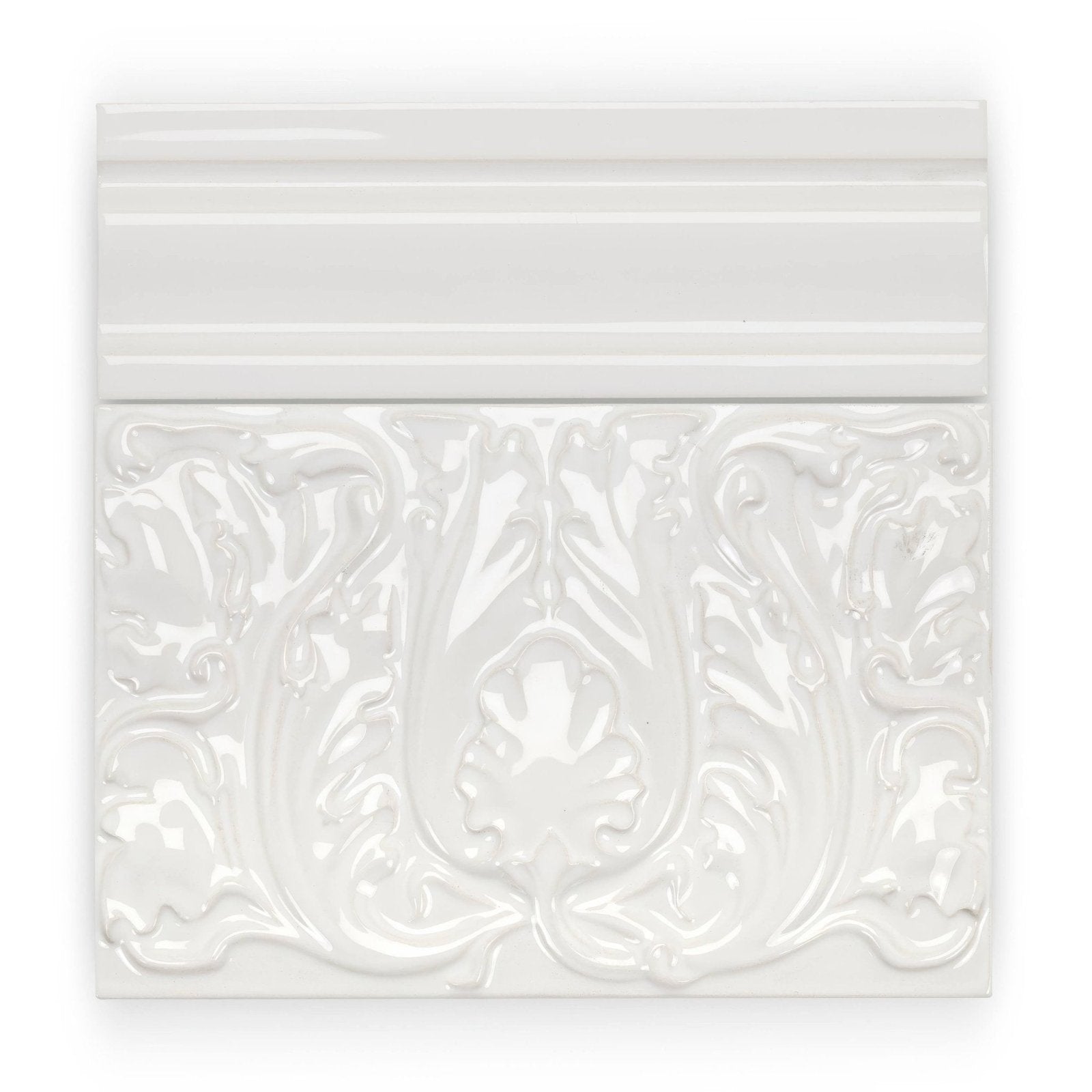White ceramic edwardian highgate dado tile with raised ornate floral and leaf patterns for wall decoration