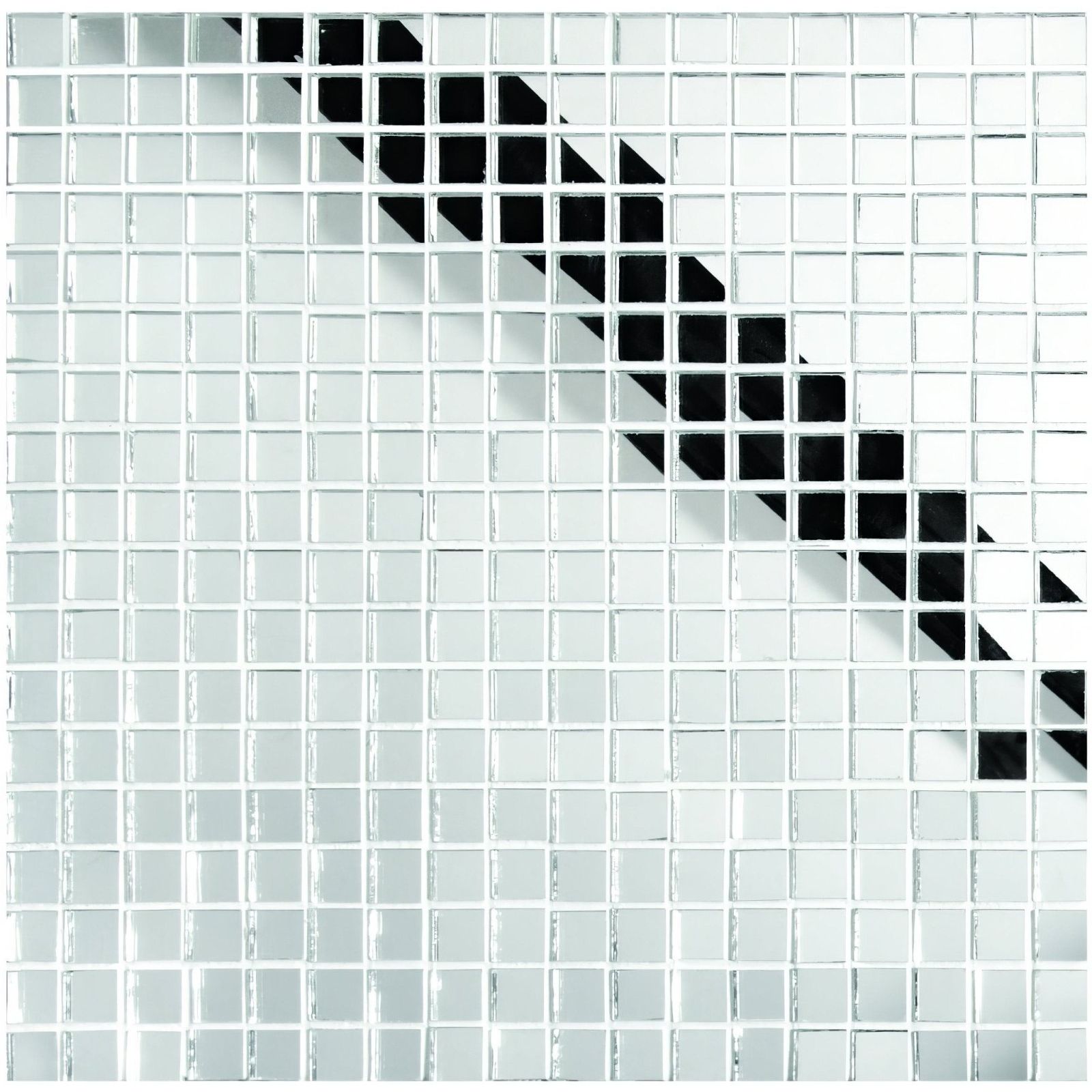 El Divino glass mosaic featuring a sleek diagonal pattern of glossy white and black glass tiles