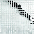 El Divino glass mosaic featuring a sleek diagonal pattern of glossy white and black glass tiles