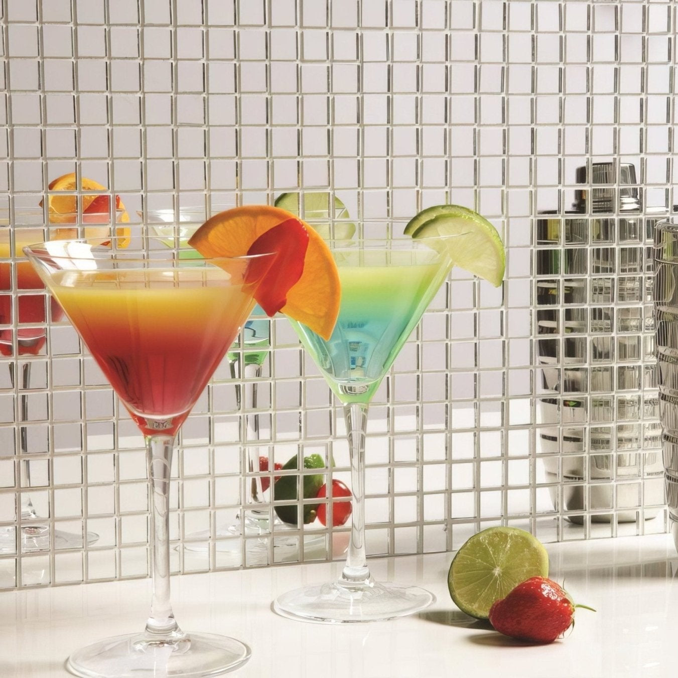 El Divino Glass Mosaic white and black glass mosaic with gradient cocktails in martini glasses