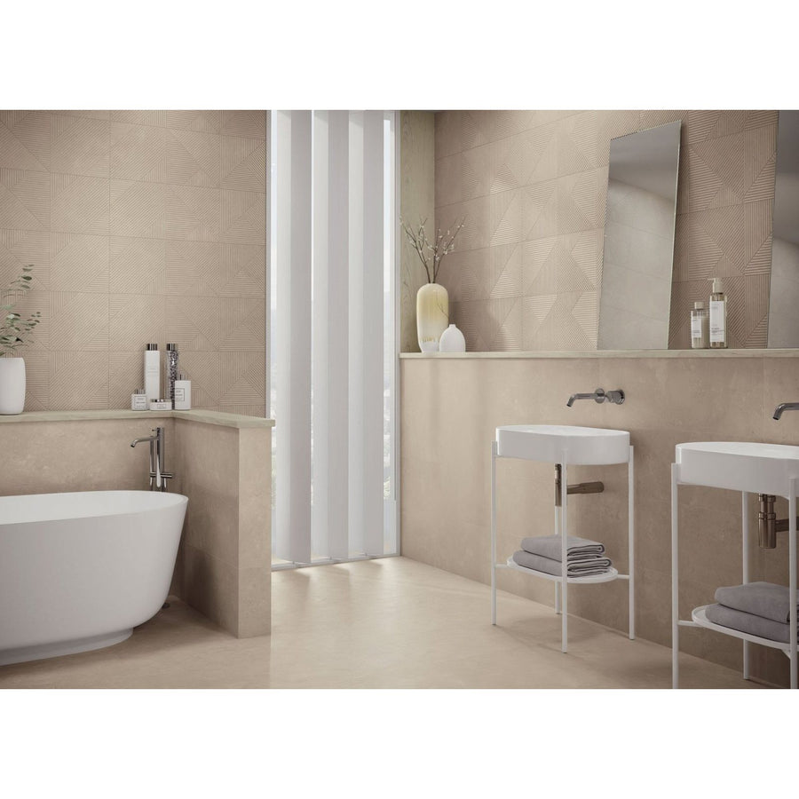 Beige textured elba 1859 arena matt wall tiles with a subtle geometric pattern for indoor use