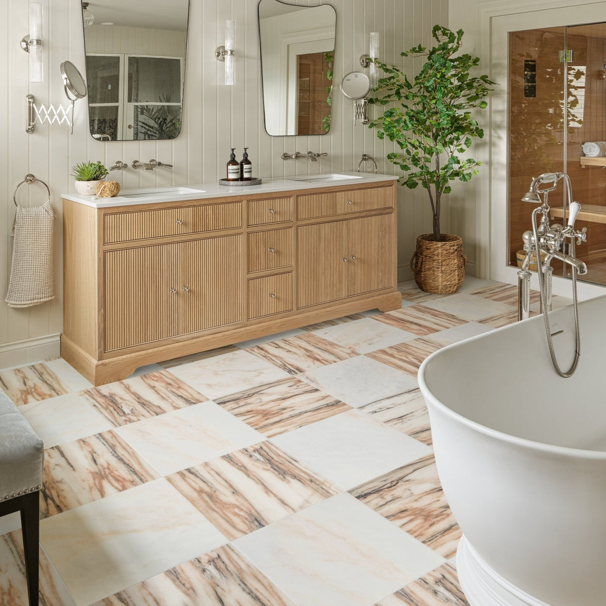 Elixir Marble Cashmere Honed in a bathroom setting (2)