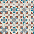 Eltham Blue and Red geometric patterned tile with interlocking diamonds in cream gray rust brown and teal blue