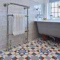Chrome-finished eltham blue and red radiator with vertical fins and classic ornate design for home heating