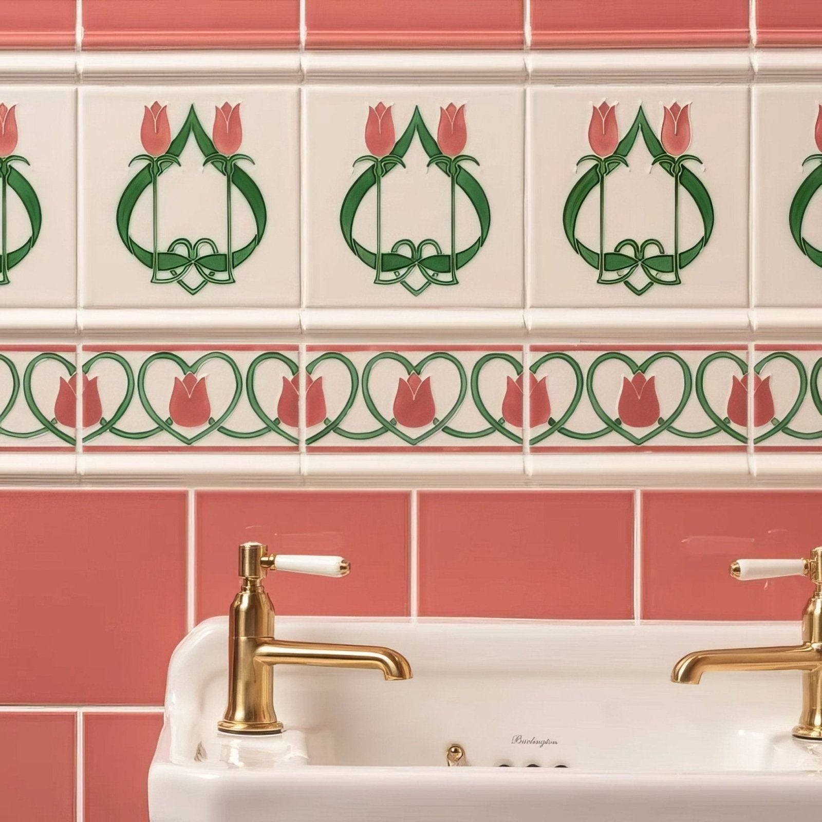 White ceramic sink with gold toned faucets and white porcelain handles set against elysée border vintage white tulip tiles