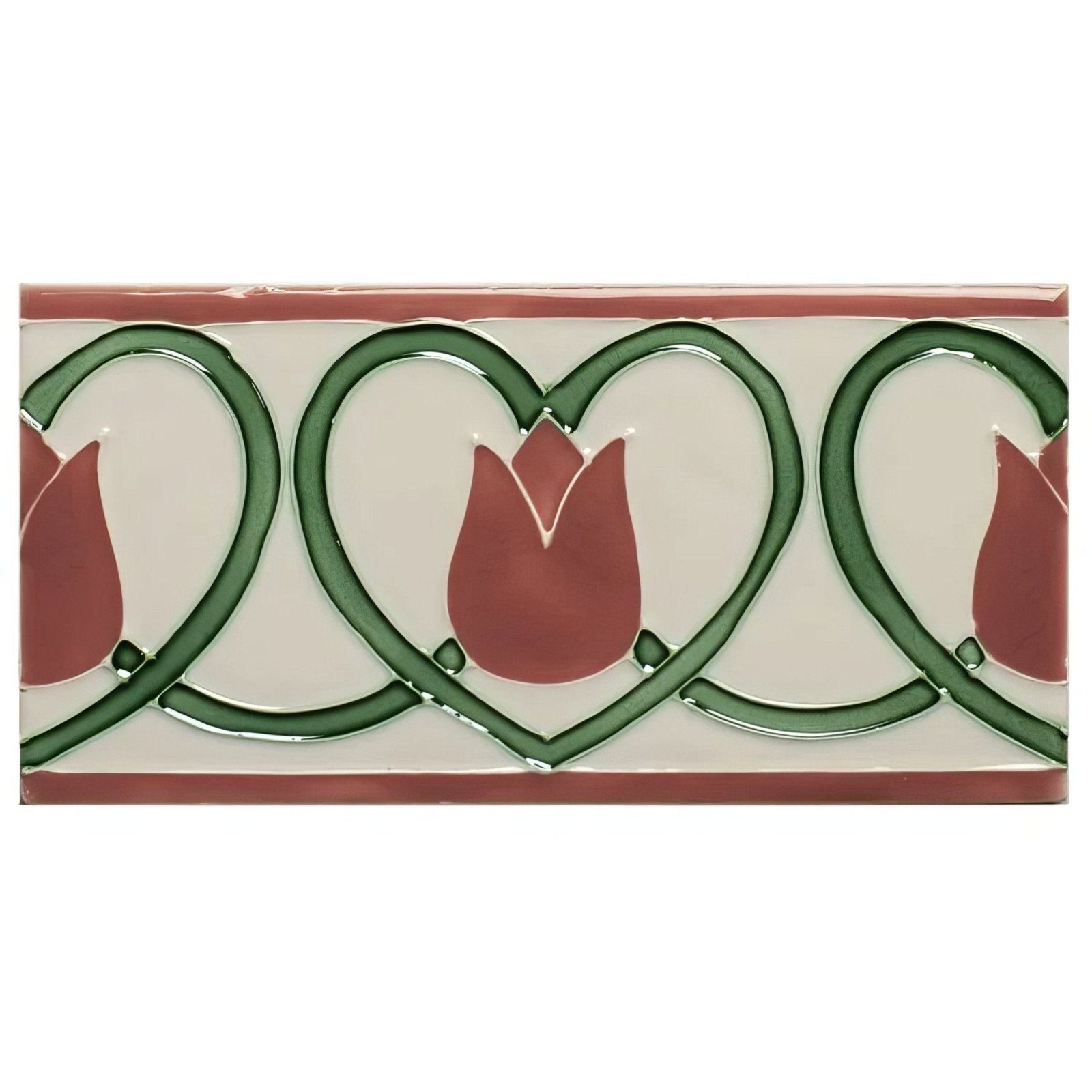 Rectangular ceramic tile elysée border on vintage white with cream background and red tulips in green heart outlines