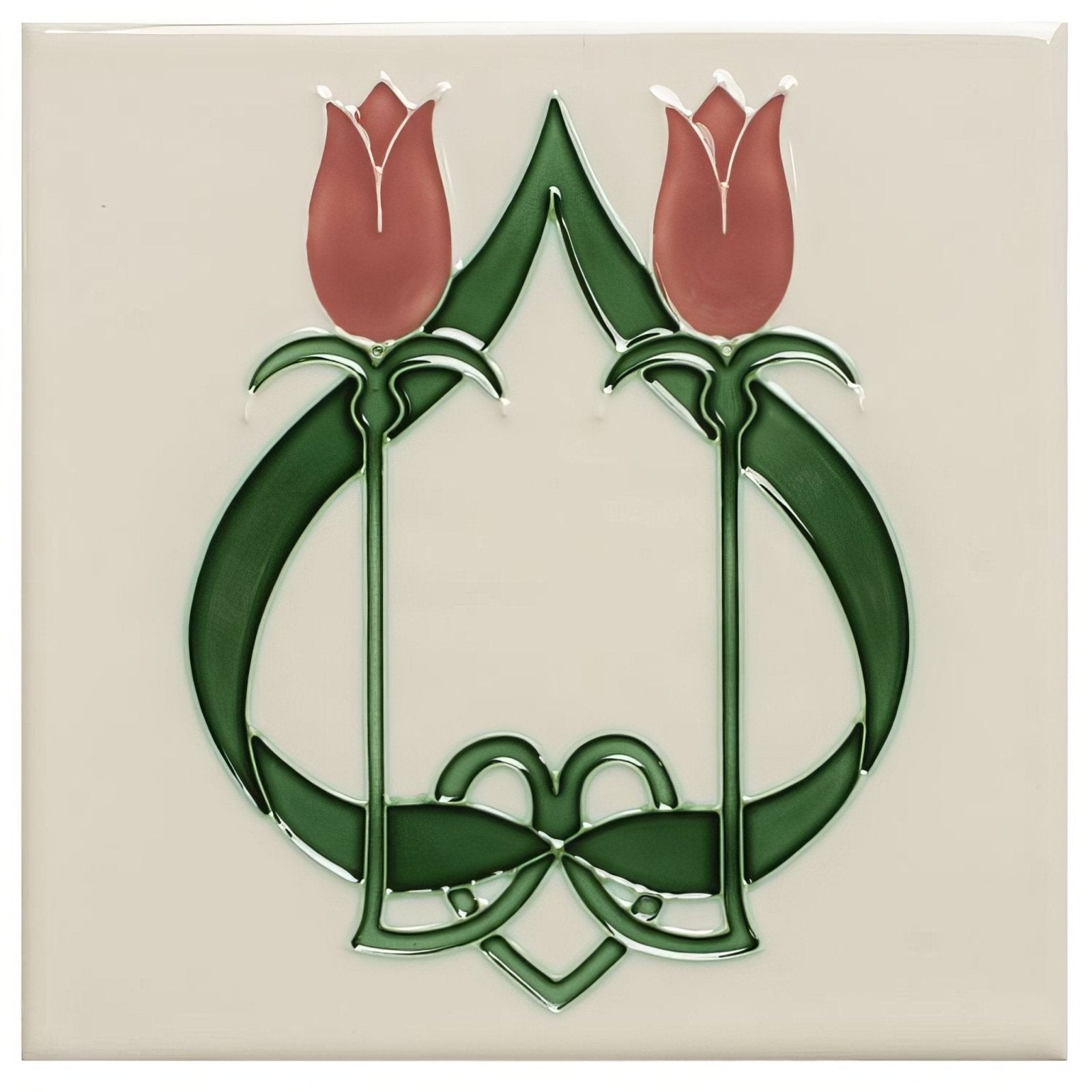 A square ceramic tile named elysée on vintage white featuring two stylized red tulips with green stems in art nouveau design