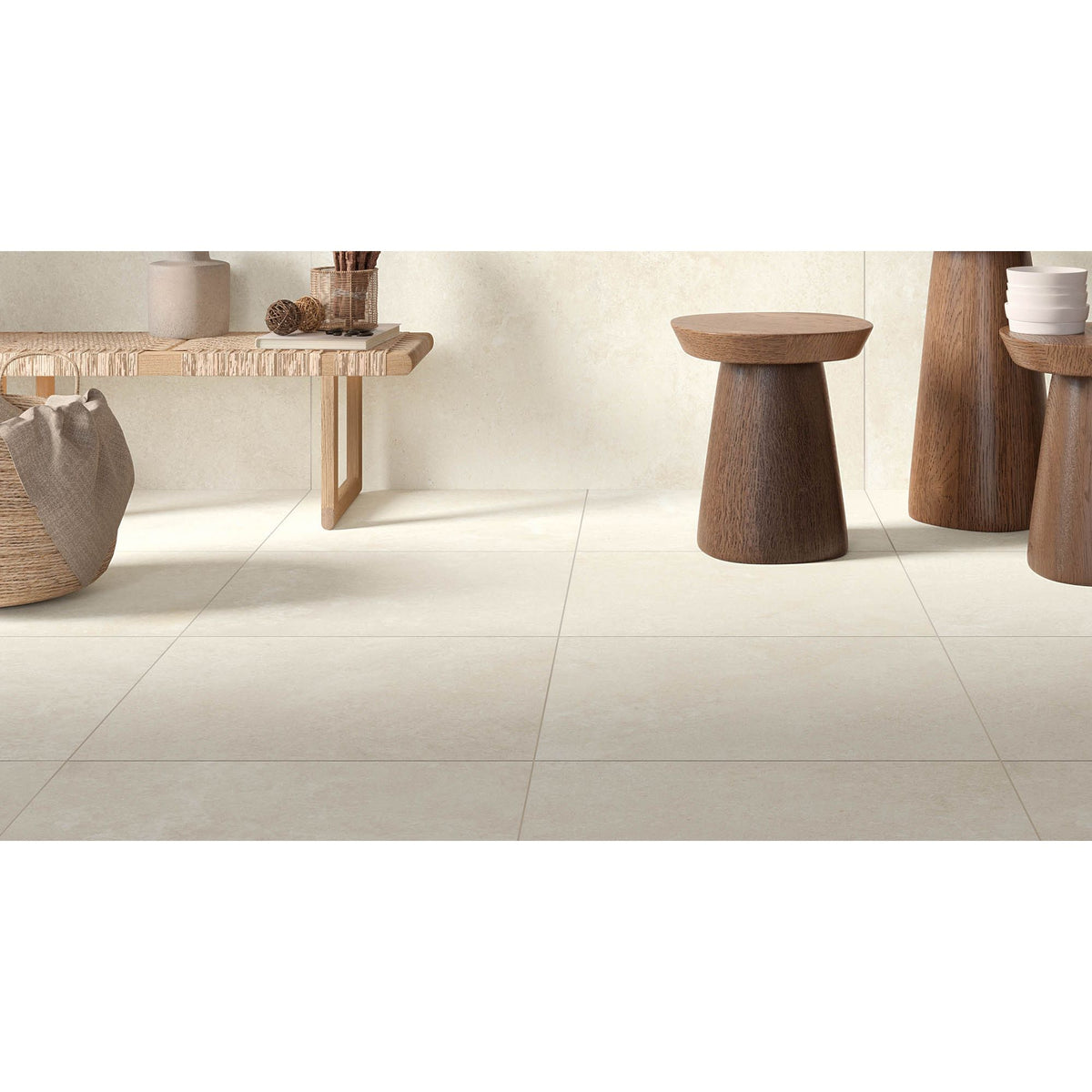 Cream-colored matte-finish ceramic floor tiles elsian mediterranea brushed 80 x 80 cm with subtle grout lines
