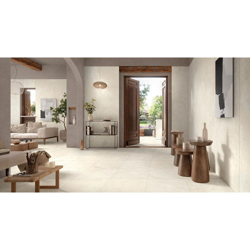 Elysian Mediterranea brushed 80 x 80cm cream-colored ceramic floor tiles with subtle texture and matte finish