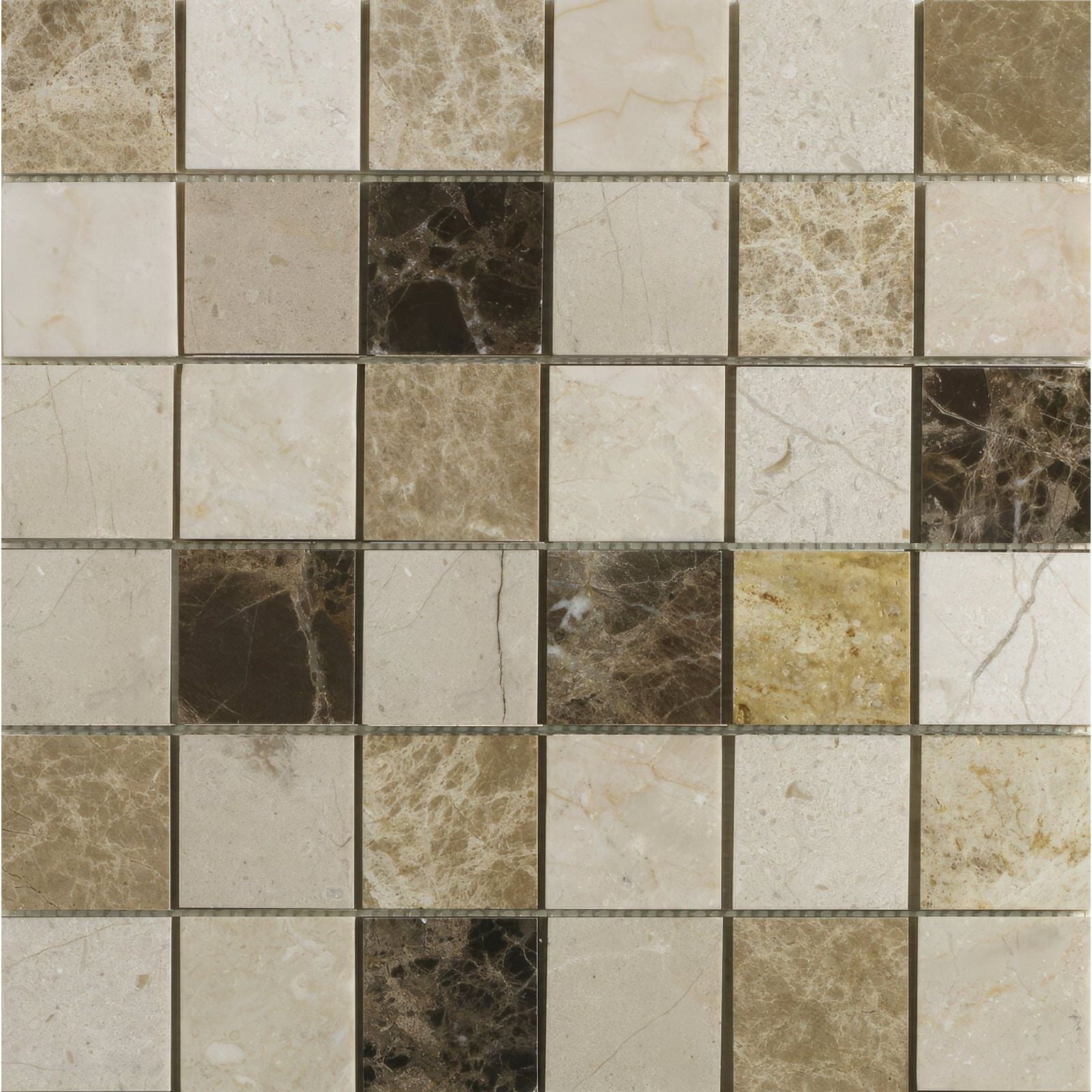 Beige and brown emperador mix polished marble mosaic tile with natural veining patterns for elegant surfaces