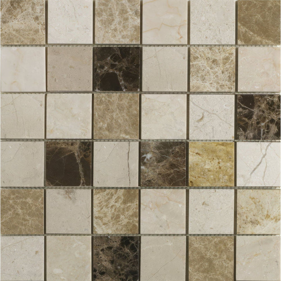 Beige and brown emperador mix polished marble mosaic tile with natural veining patterns for elegant surfaces