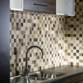 Emperador mix polished marble mosaic backsplash with square tiles in beige cream and dark brown tones with stone veining