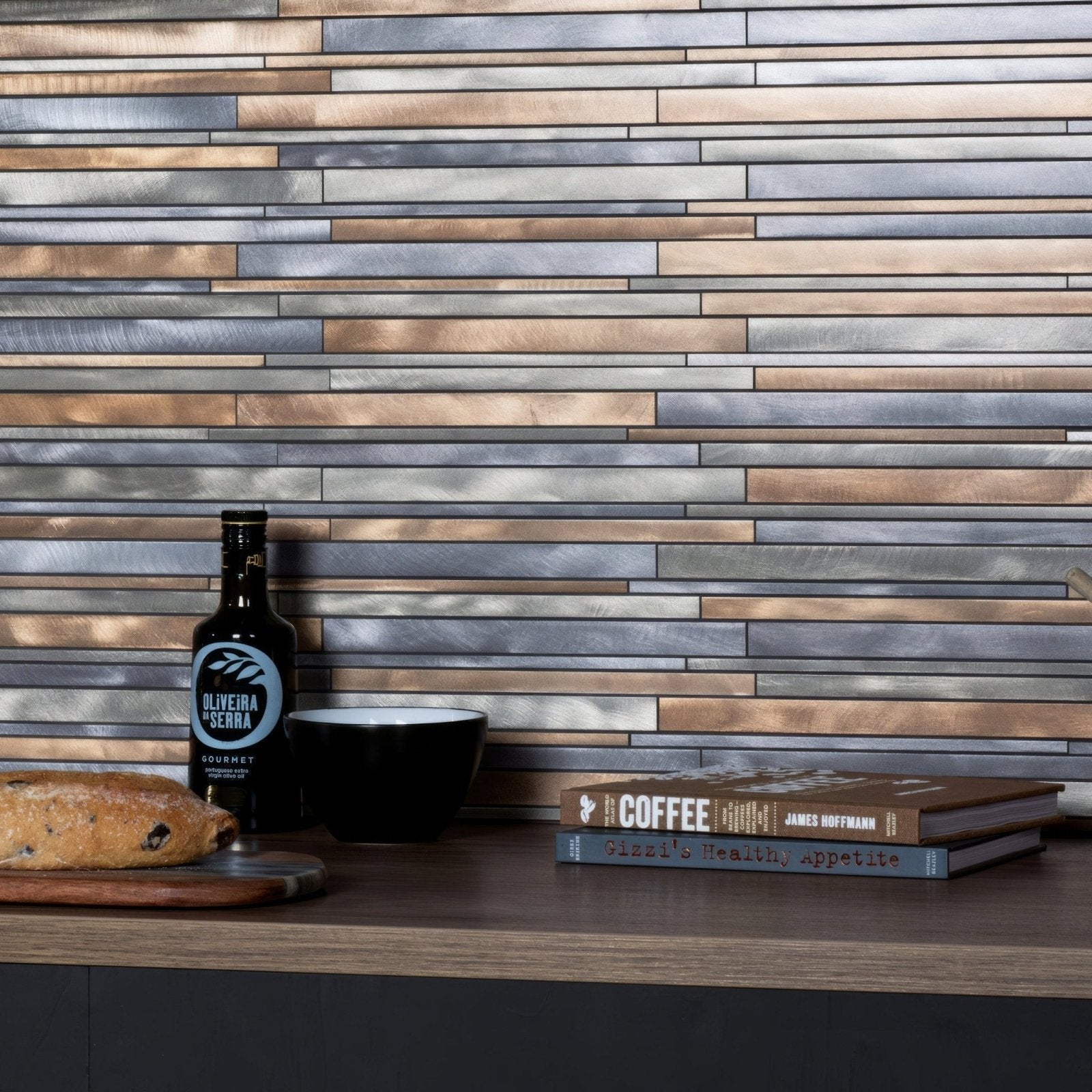 Empire aluminium mosaic sleek modern metallic tile backsplash with horizontal strips in silver and bronze shades