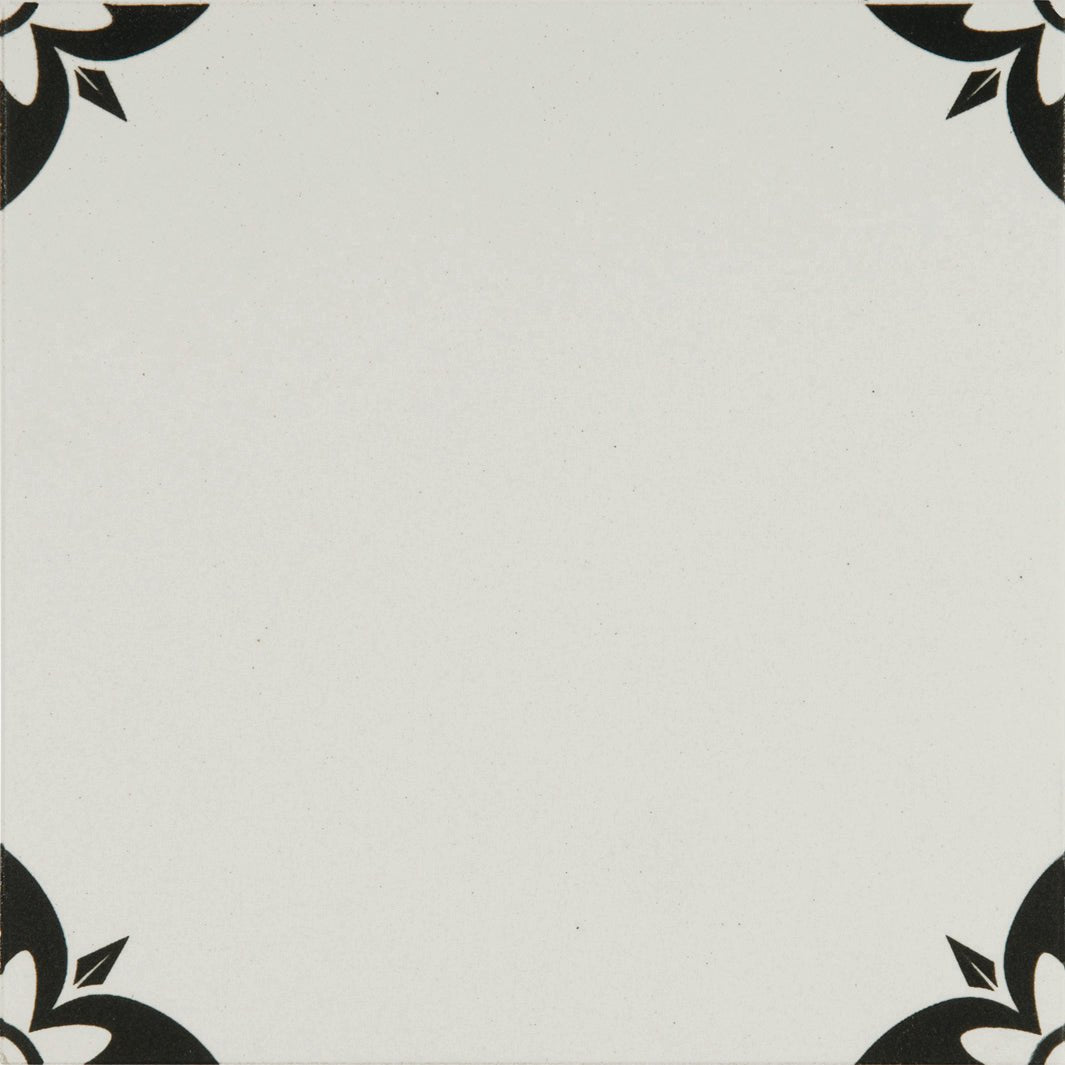 White ceramic tile empire black on dover white with black floral corner accents for decorative wall use