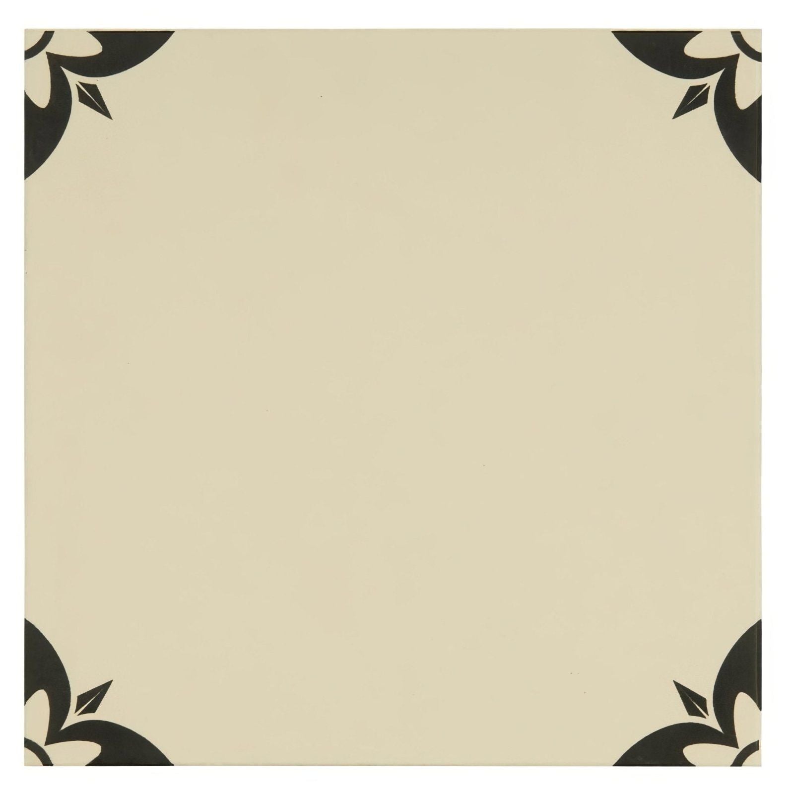 Beige empire black on white square tile with black floral corner accents for decorative wall or floor use