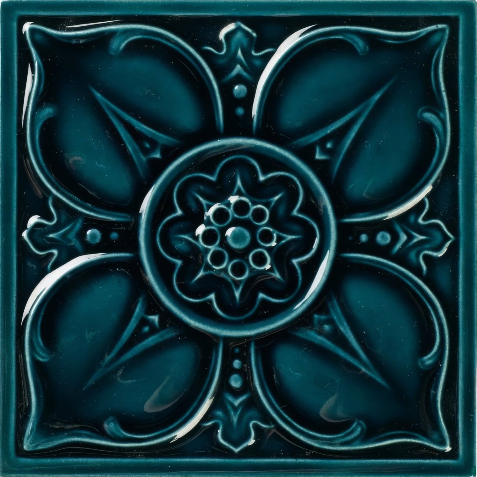 Deep teal ceramic tile empress beatrice tourmaline with raised floral relief design