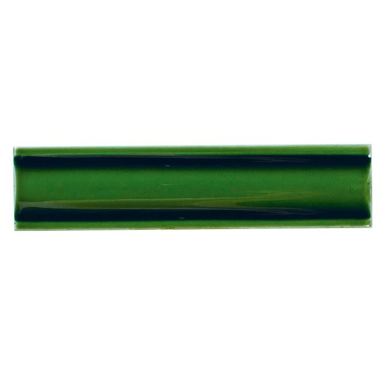 A rectangular ceramic empress dado malachite tile with a glossy green surface and two dark navy blue horizontal stripes