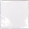A square glossy white ceramic tile with slightly uneven edges and subtle reflections from traditional english delft base