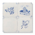 Set of four English delft blossom blue gloss ceramic tiles with hand-painted cobalt blue scenes on creamy white glaze