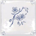 White ceramic English Delft Blossom Blue gloss tile with delicate blue floral blossoms and buds on a branch design
