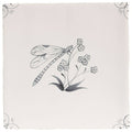 A delicate off-white ceramic tile featuring a detailed black ink charcoal dragonfly illustration by English Delft