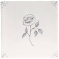 A delicate cream-colored English Delft charcoal peony handkerchief with gray floral and swirling corner patterns