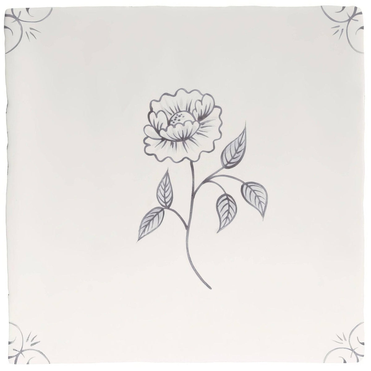 A delicate cream-colored English Delft charcoal peony handkerchief with gray floral and swirling corner patterns