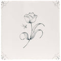A square english delft charcoal tulip ceramic tile hand painted with a delicate tulip and dragonfly motif